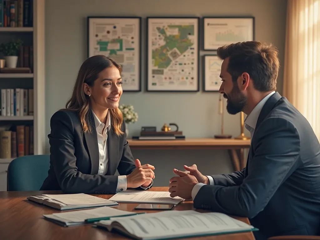 Two professionals, dressed in sharp business attire, are engaged in a friendly yet focused conversation across a polished wooden conference table. The setting is an elegant and sophisticated office environment, featuring bookshelves filled with legal texts, framed certificates, and awards on the walls, symbolizing expertise, authority, and years of experience in real estate and agricultural law. Maps and charts displayed prominently on the wall suggest a focus on land development, property planning, or agricultural produce grading, highlighting the firm’s deep understanding of geographic and regulatory aspects of real estate and agricultural loans. The individuals appear deeply engaged in their discussion, as evidenced by the documents, pens, and laptops neatly arranged on the table. One person gestures with their hands, emphasizing active engagement and collaboration, while the other listens attentively, reflecting trust, mutual respect, and professionalism. This scene underscores precision, attention to detail, and strategic planning—qualities essential for handling complex legal processes such as agricultural loan agreements , land acquisition , property disputes , zoning regulations , and contract negotiations . The urban environment visible through large windows subtly reinforces the firm’s deep connection to major construction projects, acquisitions, zoning regulations, and other high-stakes aspects of real estate and agricultural law. This setting conveys transparency, professionalism, and the ability to handle high-stakes negotiations, making it ideal for representing the best land & property lawyer in Karachi . The vibrant cityscape serves as a metaphor for growth, opportunity, and innovation—qualities that define the work of a top-tier law firm specializing in real estate, agricultural loans, and property law. This visual narrative emphasizes teamwork, strategic planning, and expert guidance—qualities essential for achieving successful outcomes in complex real estate and agricultural matters. Whether addressing agricultural loan structuring , loan recovery disputes , mortgage agreements , foreclosure prevention , or ensuring compliance with local regulations, the firm ensures that clients’ interests are protected and their objectives are met. The combination of natural light streaming through the windows, the prominence of legal tools like documents and books, and the professional atmosphere creates a compelling representation of the firm’s expertise and reliability.