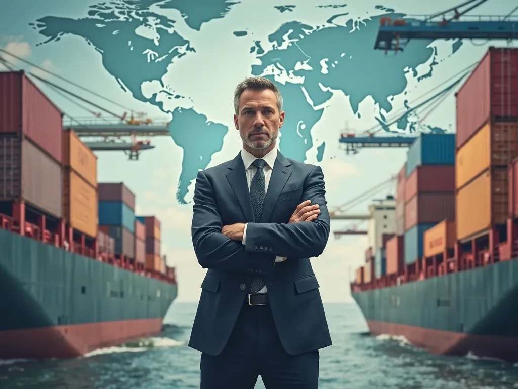 Custom law consultant standing confidently in front of a global shipping backdrop, offering expert defense against anti-dumping and countervailing duties to protect businesses from unfair trade practices.