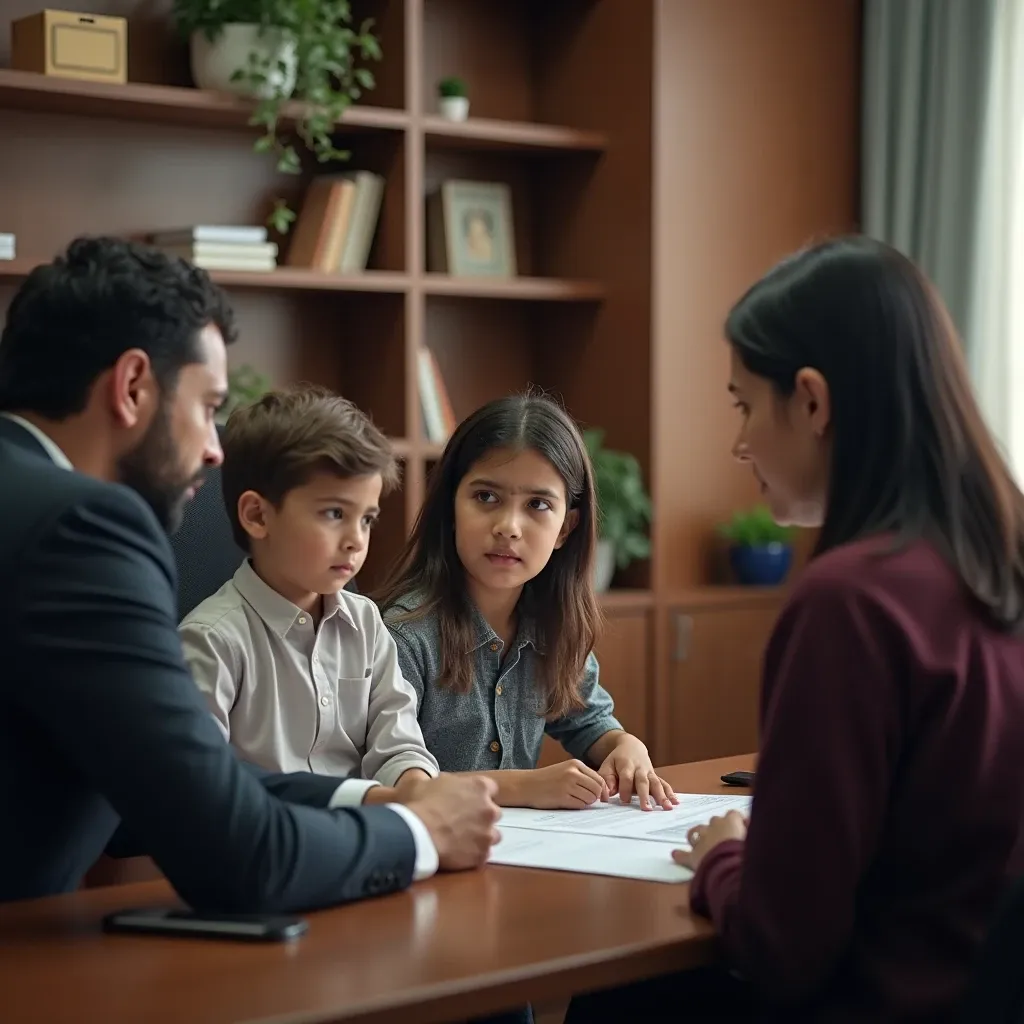 Experienced family lawyer providing expert guidance on child custody and visitation rights during a personalized consultation with concerned parents in a professional office environment, emphasizing legal support and compassionate solutions.