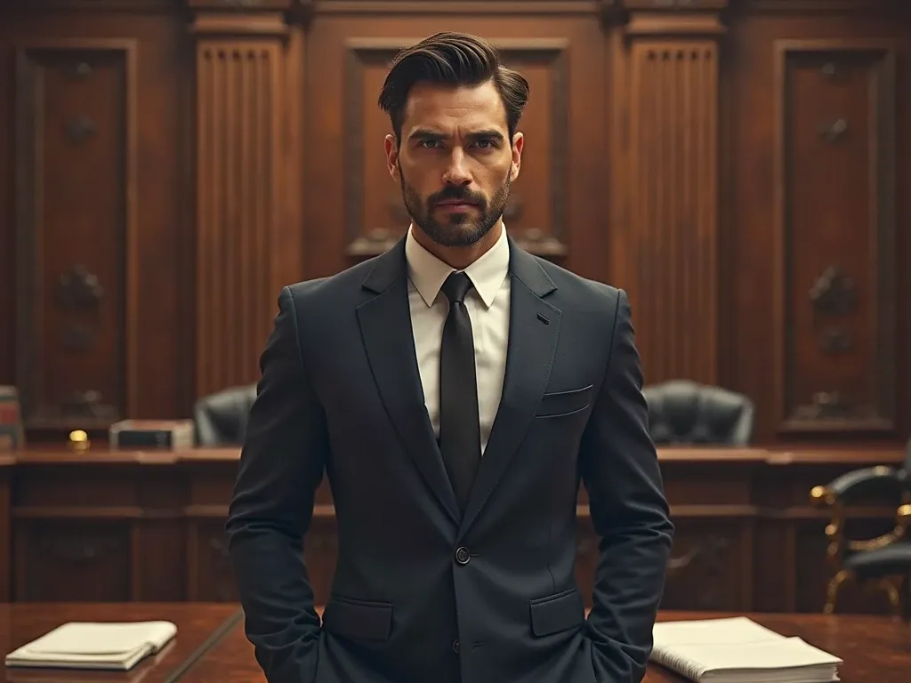 A criminal lawyer in Karachi stands confidently in a courtroom, representing clients accused of fraud, forgery, or cheating. Dressed in a sharp suit and tie, he exudes professionalism as he prepares to present a strong defense. The setting emphasizes the seriousness of the legal proceedings, showcasing his dedication to protecting his clients' rights and ensuring justice is served.