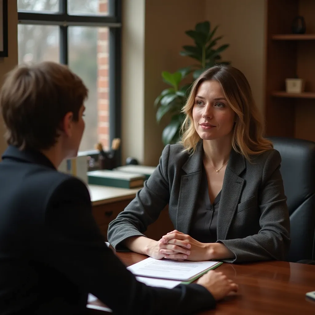 Experienced family lawyer providing expert guidance on domestic violence and protection orders during a confidential consultation with a client in a professional office setting, offering legal support and ensuring safety through compassionate and personalized advice.