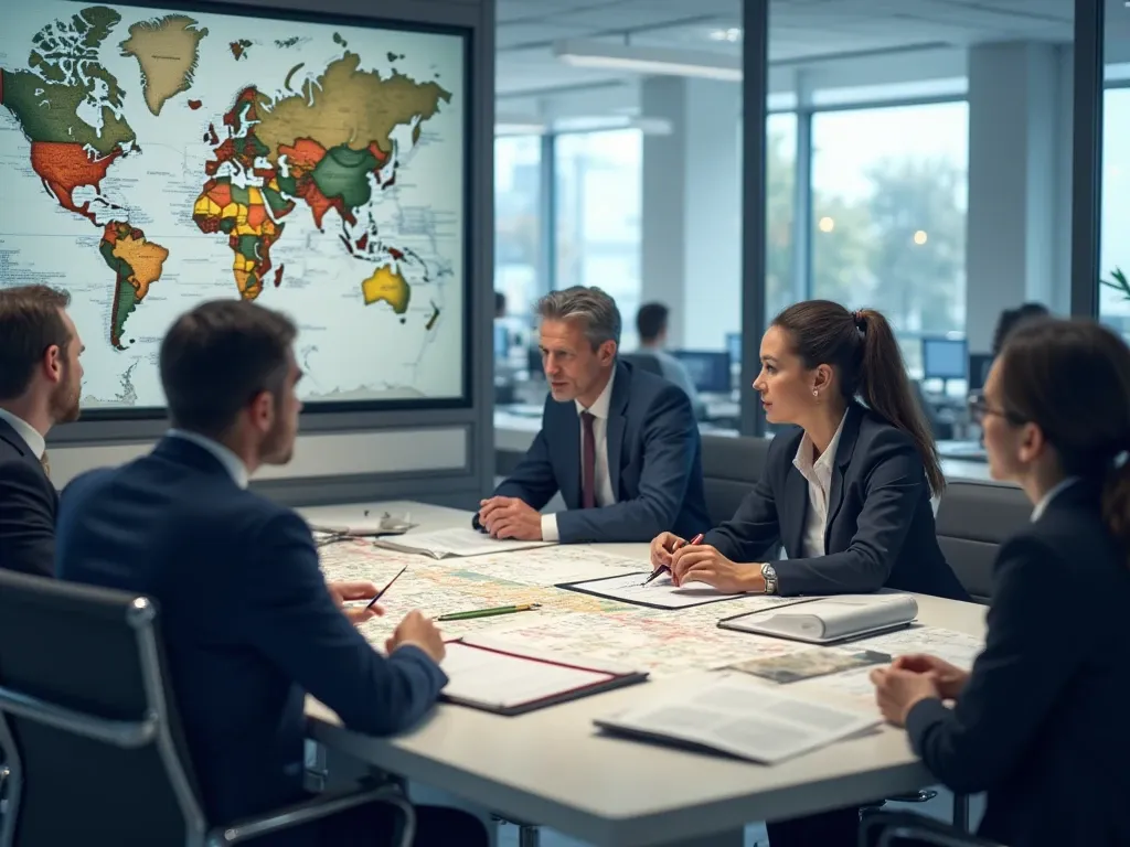 Import-export lawyer in Karachi providing expert guidance on export regulations compliance, working with clients to ensure adherence to international trade laws and best practices in a strategic meeting environment.