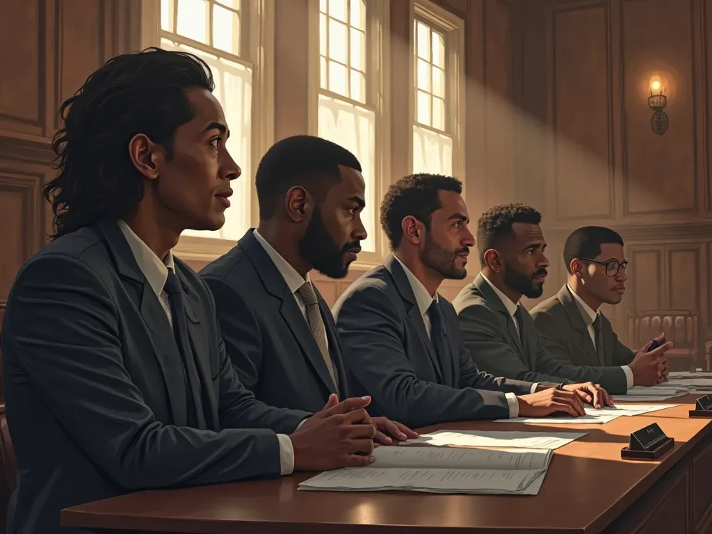 A group of criminal lawyers in Karachi are seated at a courtroom table, preparing to file cases against police brutality or custodial deaths. They focus intently on legal documents and evidence, demonstrating their commitment to holding authorities accountable and ensuring justice for victims.