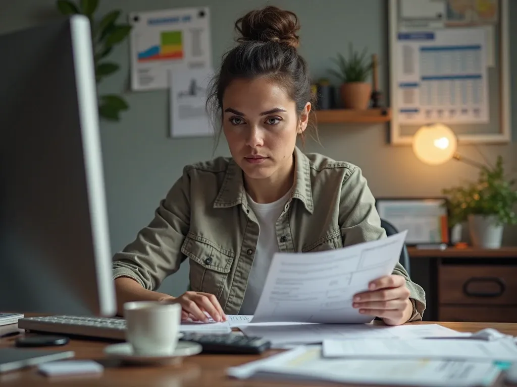 Income tax return filing consultant in Karachi assisting with tax refunds and adjustments, meticulously reviewing documents to ensure accurate calculations and timely processing in a professional office environment.