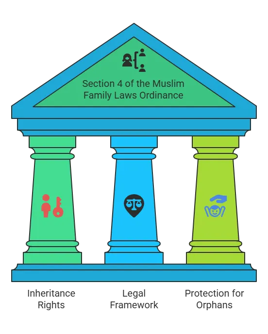 Illustration of Section 4 of the Muslim Family Laws Ordinance, depicted as a classical building with three columns. The roof features an icon representing family members and the title 'Section 4 of the Muslim Family Laws Ordinance.' The three pillars are labeled: Inheritance Rights (green column with a person icon), Legal Framework (blue column with a justice scale icon), and Protection for Orphans (yellow-green column with a hand holding a heart icon).
